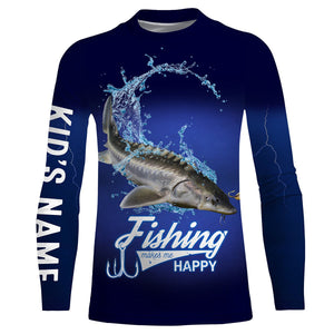 Fishing Makes Me Happy Sturgeon Fishing 3D All Over printed Customized Name Shirts For Adult And Kid NQS312