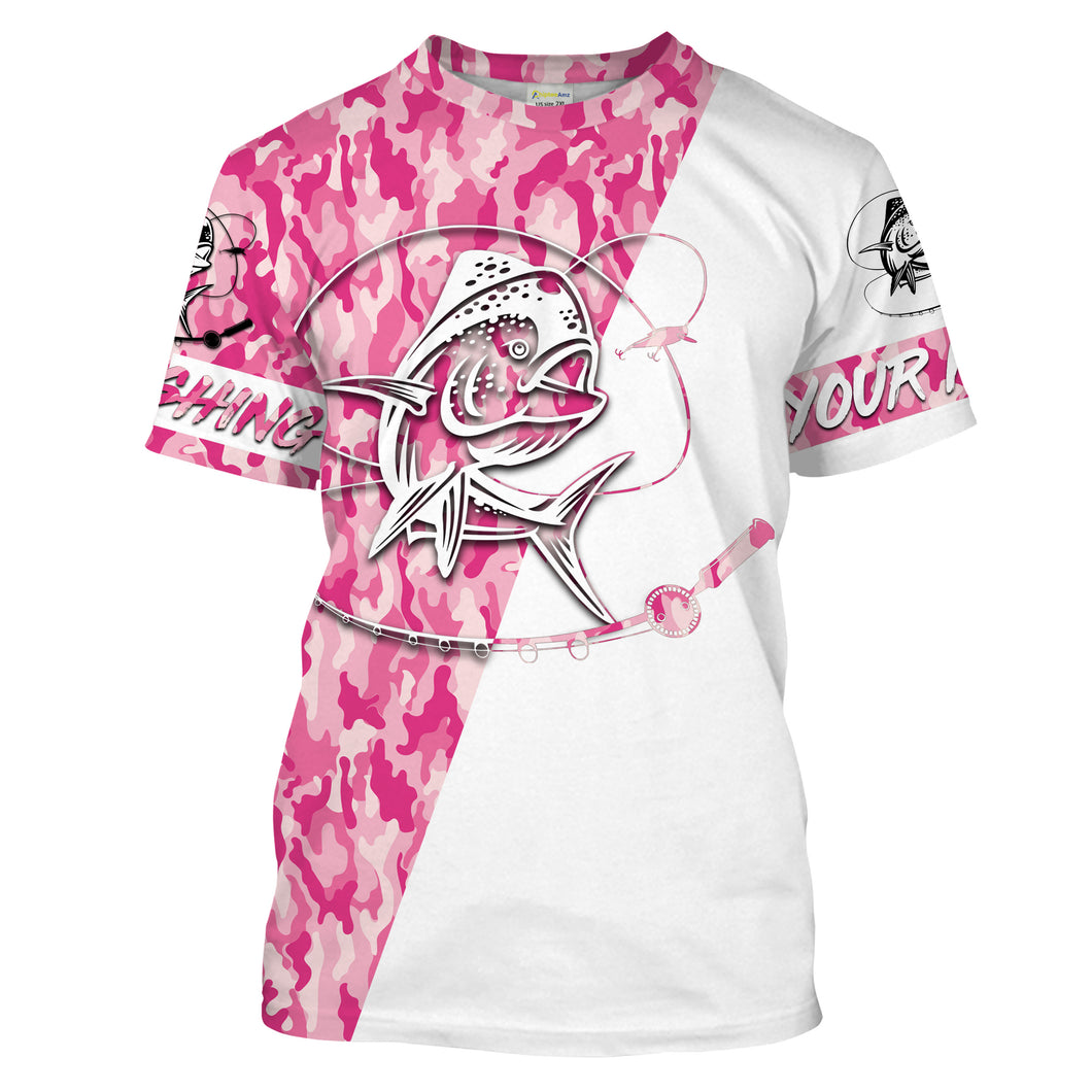 Mahi mahi fishing Pink girl camo Customize Name All Over Printed Shirts for women fishing NQS1712