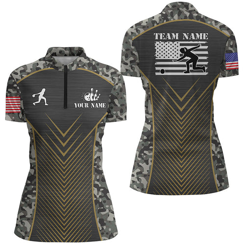 Womens Bowling Quarter-Zip Shirts Custom camo American flag team Ladies Jerseys NQS6702