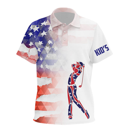 Personalized watercolor American flag patriot golf white Kid golf polos shirt custom golf gifts NQS7206