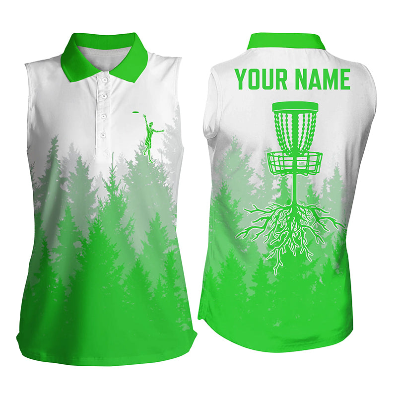 Disc golf hole in the woods Womens sleeveless polo shirt custom name disc golf shirts for women| Green NQS4801