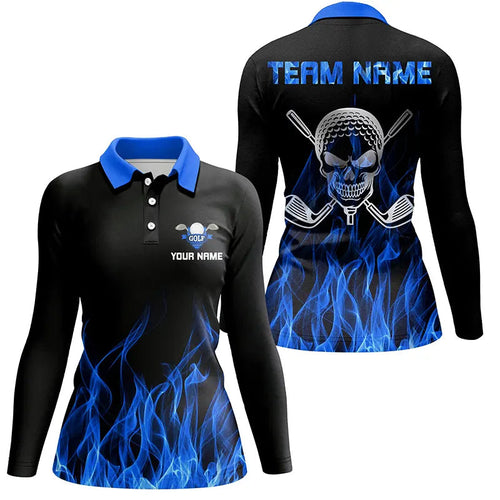 Black Womens golf polo shirt custom blue flame skull golf clubs, personalized golf gifts for women NQS6726