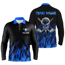 Load image into Gallery viewer, Black Mens golf polo shirts custom blue flame skull golf clubs, personalized golf gifts for men NQS6726