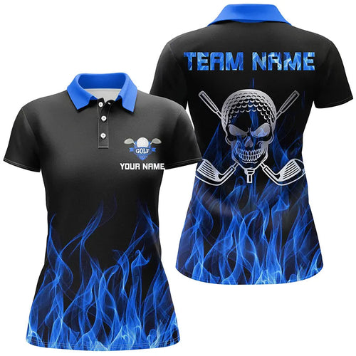 Black Womens golf polo shirt custom blue flame skull golf clubs, personalized golf gifts for women NQS6726