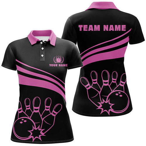Personalized polo bowling shirts for women, custom black womens bowling shirts team bowl jersey | Pink NQS6923