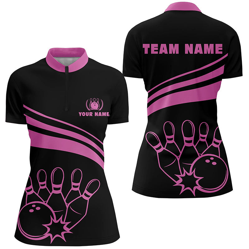 Personalized bowling Quarter Zip shirts for women, black womens bowling shirts team bowl jersey | Pink NQS6923