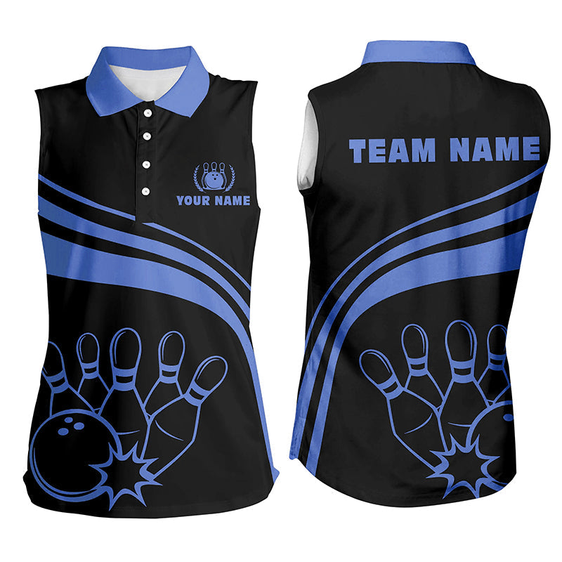 Personalized bowling Sleeveless polo shirts for womens, black bowling shirts team bowl jersey | Blue NQS6924