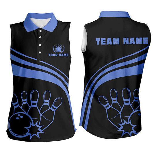 Personalized bowling Sleeveless polo shirts for womens, black bowling shirts team bowl jersey | Blue NQS6924