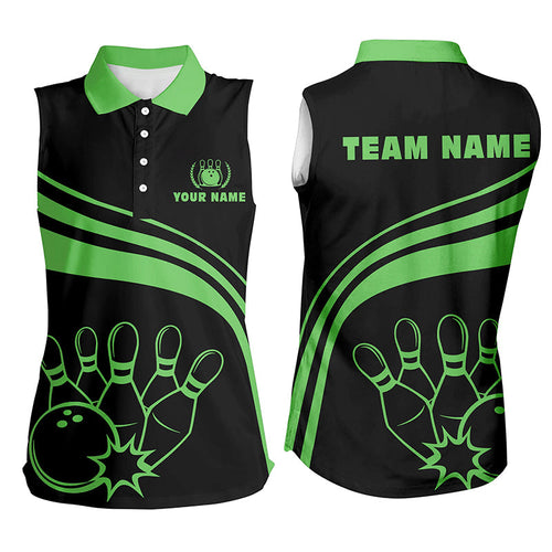 Personalized bowling Sleeveless polo shirts for womens, black bowling shirts team bowl jersey | Green NQS6925