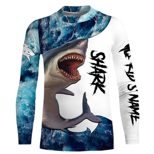 Shark Fishing blue ocean sea wave camo Custom long sleeve performance fishing jerseys shirts NQS3368