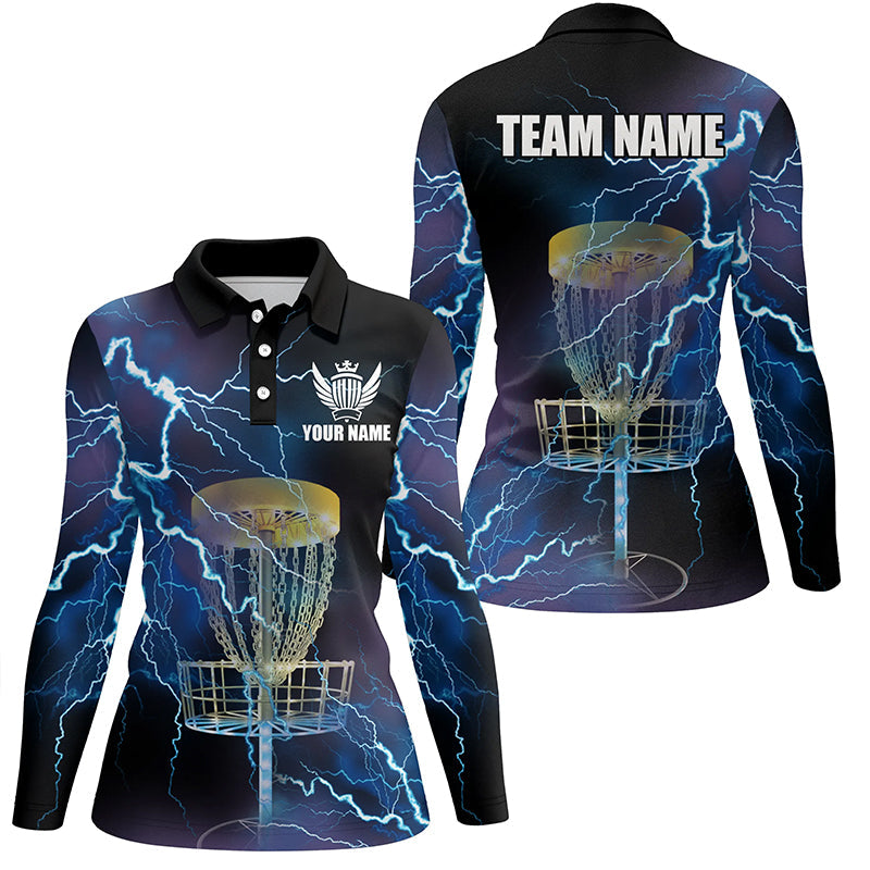 Women disc golf polo shirts custom blue lightning thunder disc golf basket disco golf outfit NQS6265