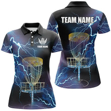 Load image into Gallery viewer, Women disc golf polo shirts custom blue lightning thunder disc golf basket disco golf outfit NQS6265