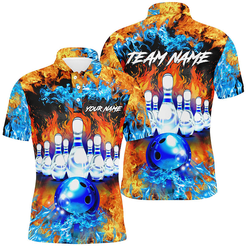 Blue Flame Bowling Custom Name All Over Print Polo Shirt For Men And Women