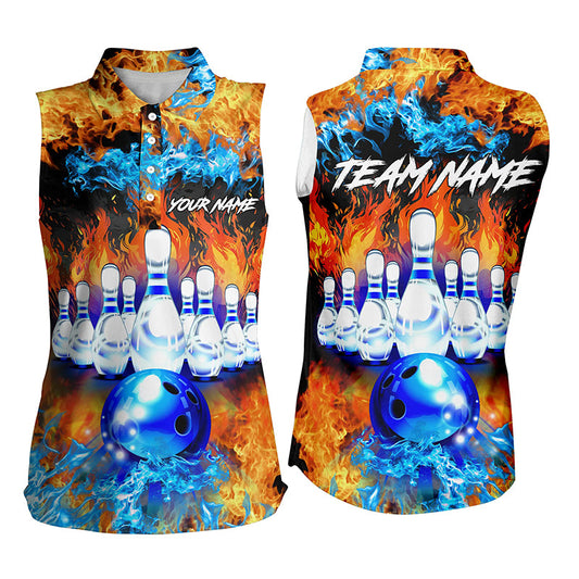Flame ball pins Bowling sleeveless polos Shirt For Women Custom blue fire bowling Team League Jerseys NQS6738