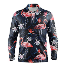 Load image into Gallery viewer, Men golf polo upf shirts tropical birds pink flamingo dark blue palm leaves custom polo shirts NQS3694