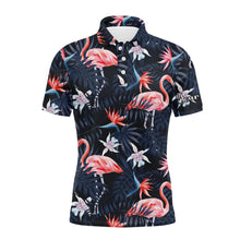 Load image into Gallery viewer, Men golf polo upf shirts tropical birds pink flamingo dark blue palm leaves custom polo shirts NQS3694