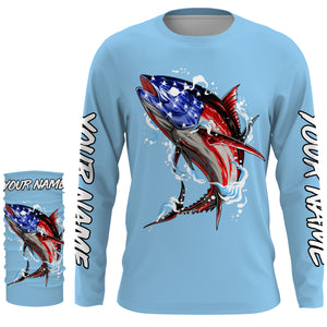 Tuna fishing American flag custom name sun protection long sleeve fishing shirts jerseys | Sky Blue NQS3852