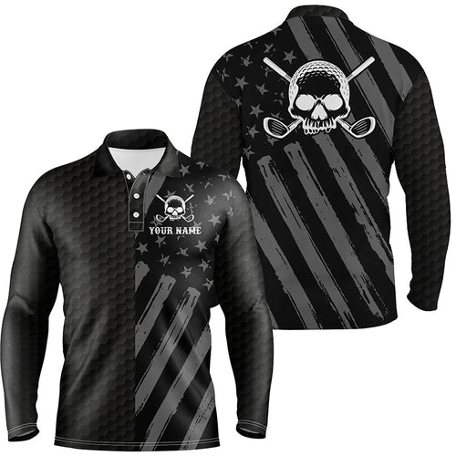 Mens golf polo shirt black American flag custom golf skull clubs men golf shirts, golf gifts for men NQS6276
