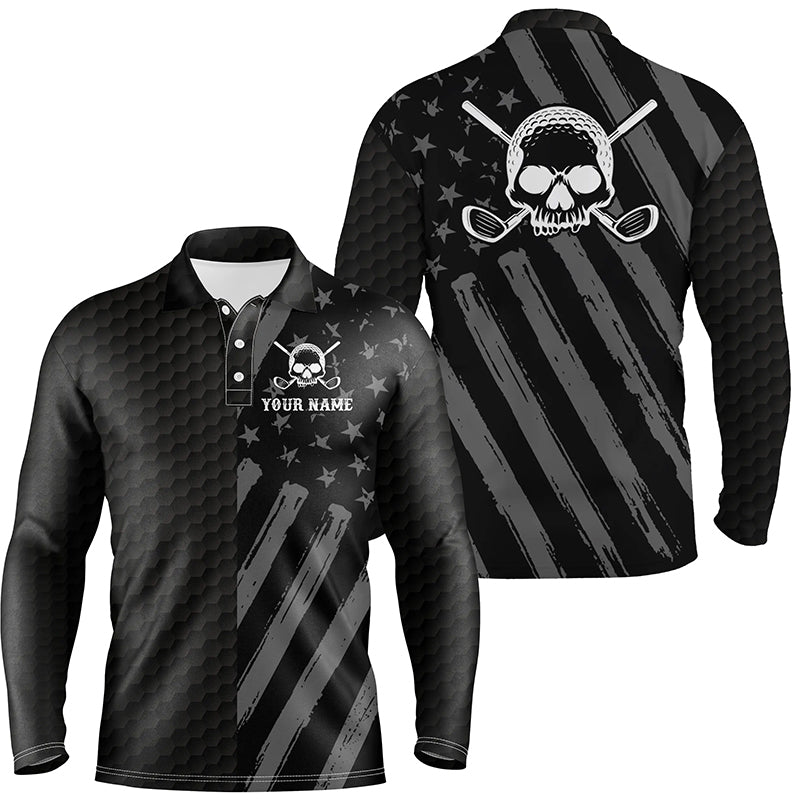Mens golf polo shirt black American flag custom golf skull clubs men golf shirts, golf gifts for men NQS6276