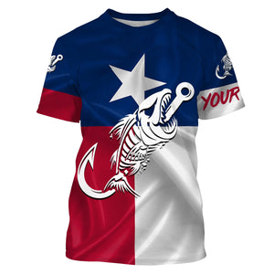 Texas flag fishing Fish hook skull Custom Name sun protection custom fishing shirts for men, women,kid NQS3372