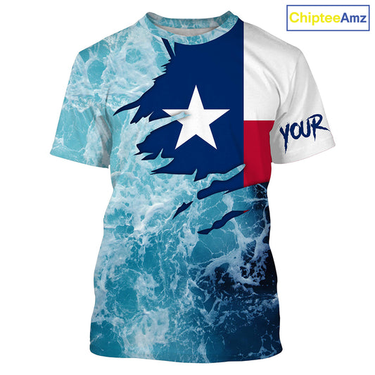 Texas flag fishing Saltwater Long sleeve customized name Fishing Shirts UV Protection, Sea wave camo blue Fishing Shirts NQS2567