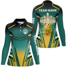 Load image into Gallery viewer, Women bowling polo shirts Custom green and yellow Bowling ball pins Team Jerseys bowling apparel NQS7106