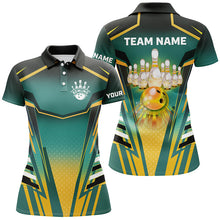 Load image into Gallery viewer, Women bowling polo shirts Custom green and yellow Bowling ball pins Team Jerseys bowling apparel NQS7106