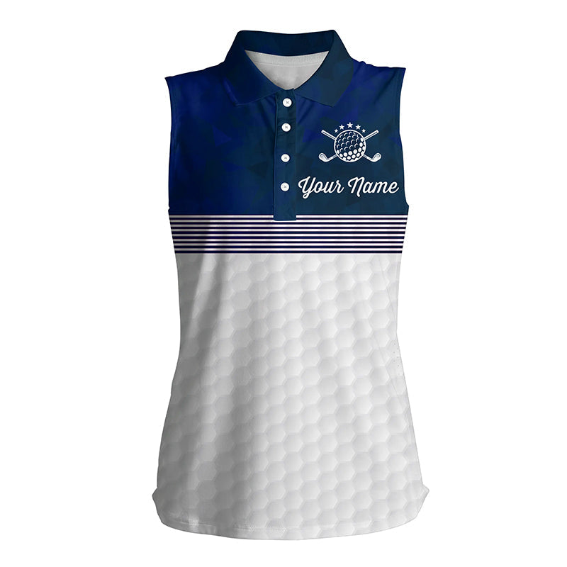 Blue and white Women sleeveless polo shirt custom name ladies golf shirts, personalized golf gifts NQS6283