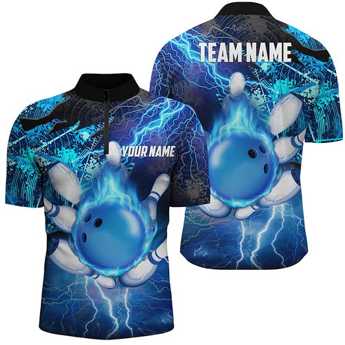 Men Bowling Quarter-Zip Shirt Custom flame lightning thunder team bowling Jerseys for ladies | Blue NQS6507