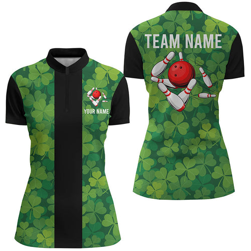 Personalized Green Clover Black Retro Bowling Quarter Zip shirt For women custom bowling team jerseys NQS7108