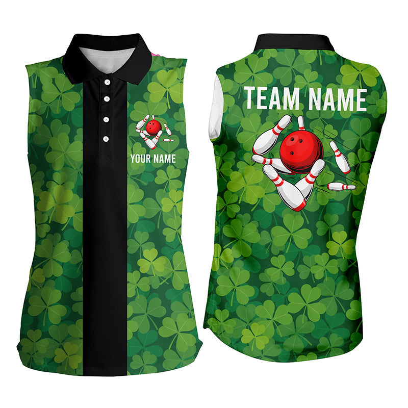 Personalized Green Clover Black Retro Bowling sleeveless polo shirt For women, bowling team jerseys NQS7108