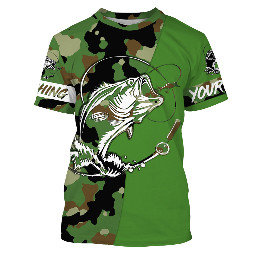 Custom Name bass fishing tattoos Camouflage green camo shirt Performance Fishing Shirt, Bass Fishing Jerseys NQS2570