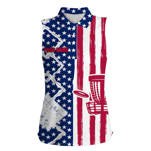 Womens disc golf sleeveless polo shirt custom name American flag patriot personalized disc golf gifts NQS4489