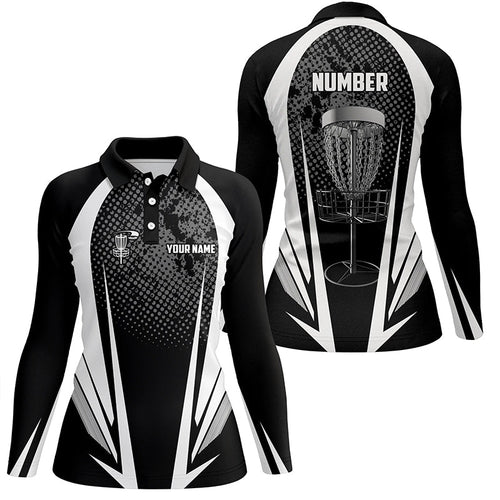 Womens disc golf polo shirt custom name, number black white disc golf jersey, womens disc golf apparel NQS6309