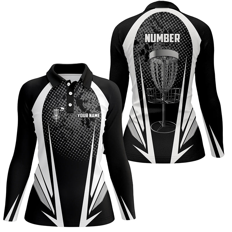 Womens disc golf polo shirt custom name, number black white disc golf jersey, womens disc golf apparel NQS6309
