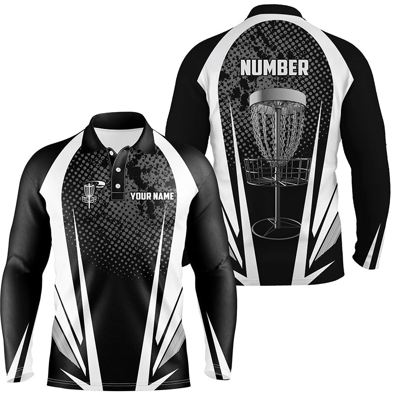 Mens disc golf polo shirt custom name, number black white disc golf jersey, mens disc golf apparel NQS6309