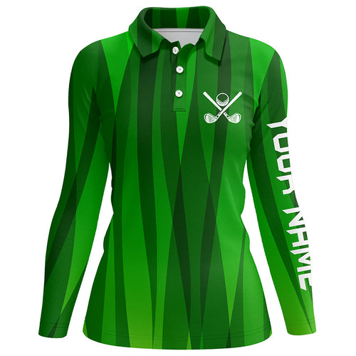 Green stripes pattern custom name Womens golf polos shirts, ladies's golf attire unique golf gifts NQS7136