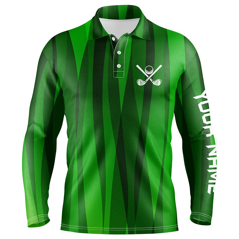 Green stripes pattern custom name Mens golf polos shirts, men's golf attire unique golf gifts NQS7136