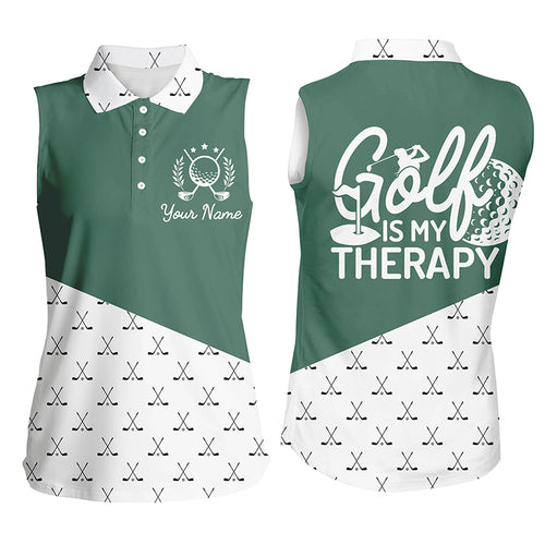 Golf is my therapy Womens sleeveless polo shirt custom green golf clubs pattern golf shirts for women NQS5155