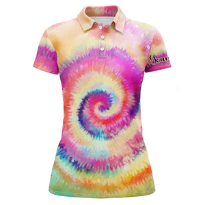 Womens golf polo shirts rainbow tie dye background custom name golf shirt, golfing gift NQS4071