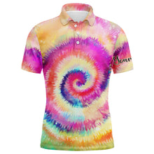 Load image into Gallery viewer, Mens golf polo shirt rainbow tie dye background custom name golf shirt, golfing gift NQS4071