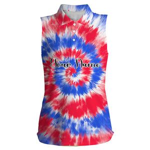 Womens sleeveless polo shirts red and blue tie dye background custom name golf shirt, golfing gift NQS4072