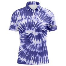 Load image into Gallery viewer, Mens golf polo shirts violet purple tie dye background custom name golf shirt, golfing gift NQS4073
