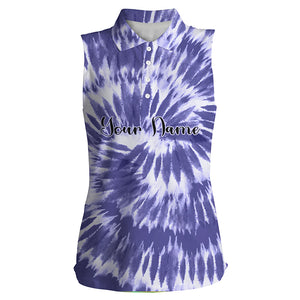 Womens sleeveless polo shirts violet purple tie dye background custom name golf shirt, golfing gift NQS4073