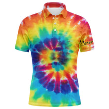 Load image into Gallery viewer, Mens golf polo shirts with colorful tie dye background custom name golf shirt, golfing gift NQS4074