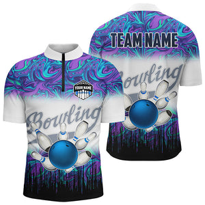 Men bowling Quarter Zip shirt Custom blue purple marble pattern bowling Team Jerseys, gift for bowlers NQS7141