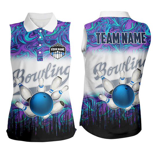 Women sleeveless polo shirts Custom blue purple marble pattern bowling Team Jerseys, gift for bowlers NQS7141