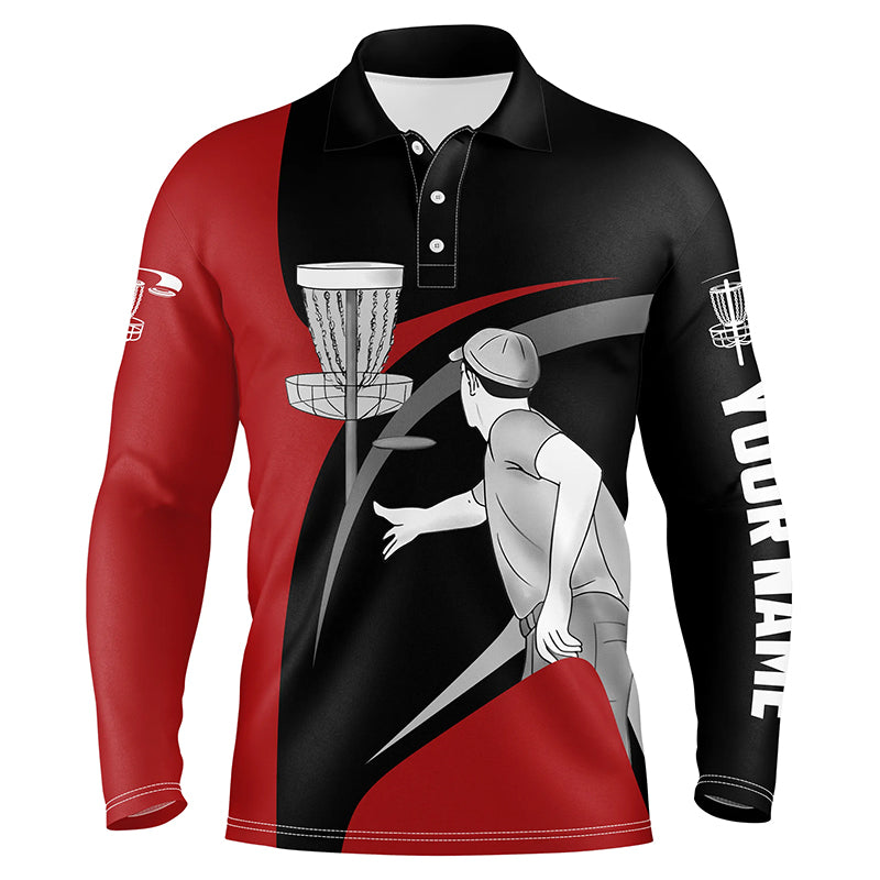 Red and black disc golfer custom name Men disc golf polo shirts, personalized disc golf gifts for men NQS4852