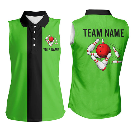 Personalized Green Black Retro Bowling sleeveless polo shirt For women, vintage bowling team jerseys NQS6804