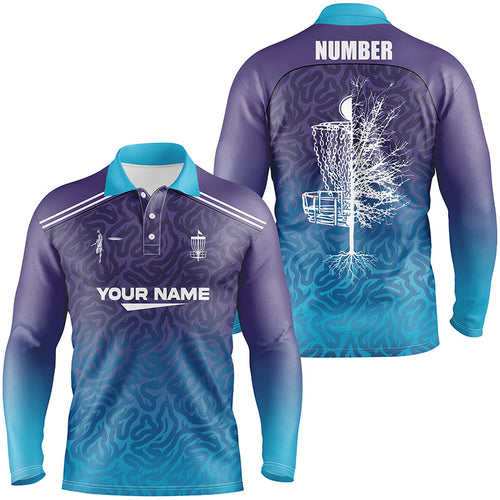 Blue purple gradient abstract Swirl pattern Mens disc golf polo shirts custom disc golf shirt NQS6810